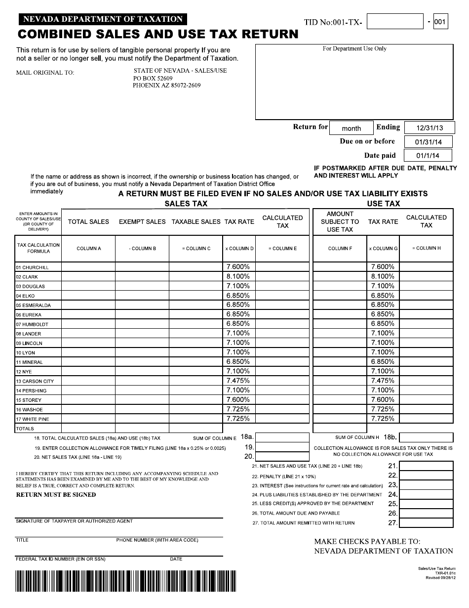 Form TXR-01.01c Combined Sales and Use Tax Return - Nevada, Page 1