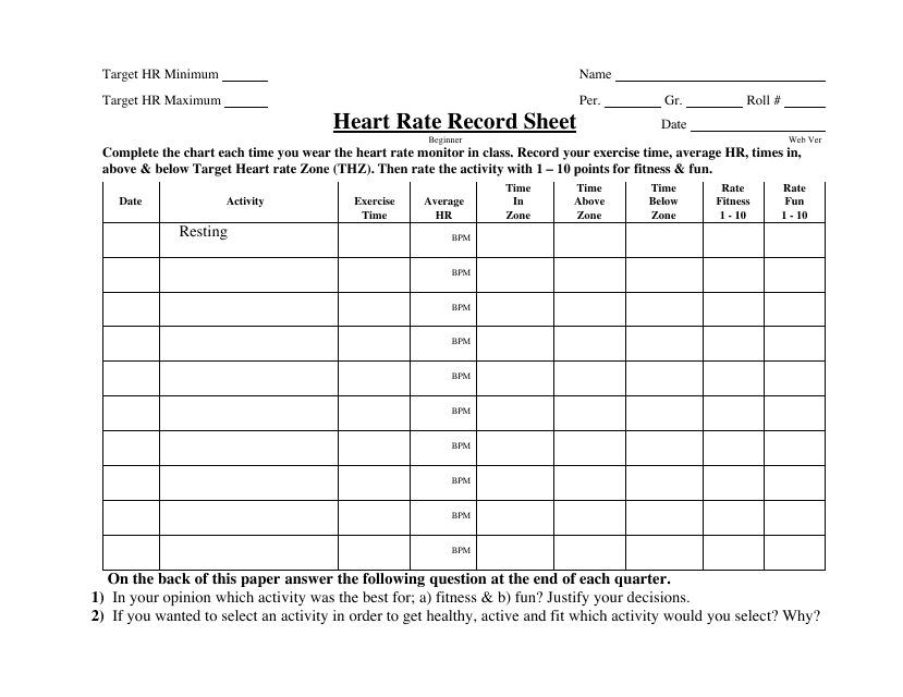 Heart Rate Record Sheet - Document Preview