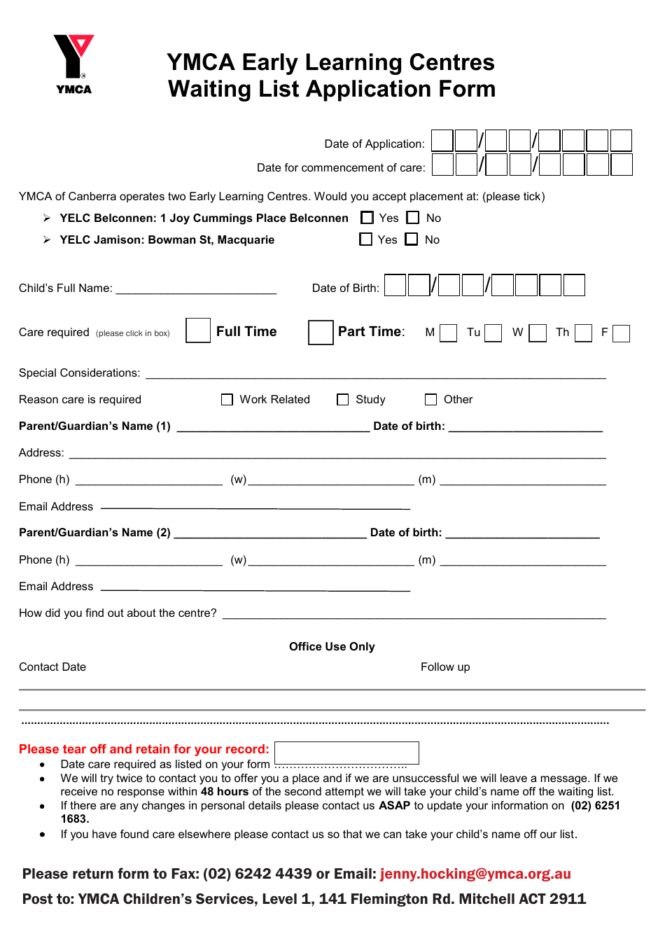 Early Learning Centres Waiting List Application Form - Ymca, Page 1