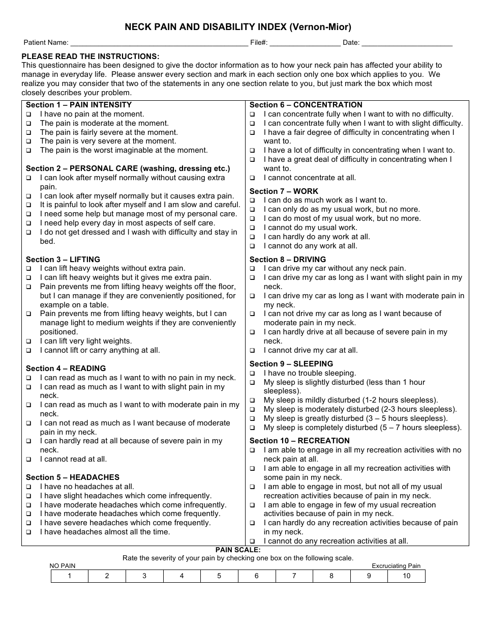 Neck Pain And Disability Index Vernon Mior Questionnaire Template