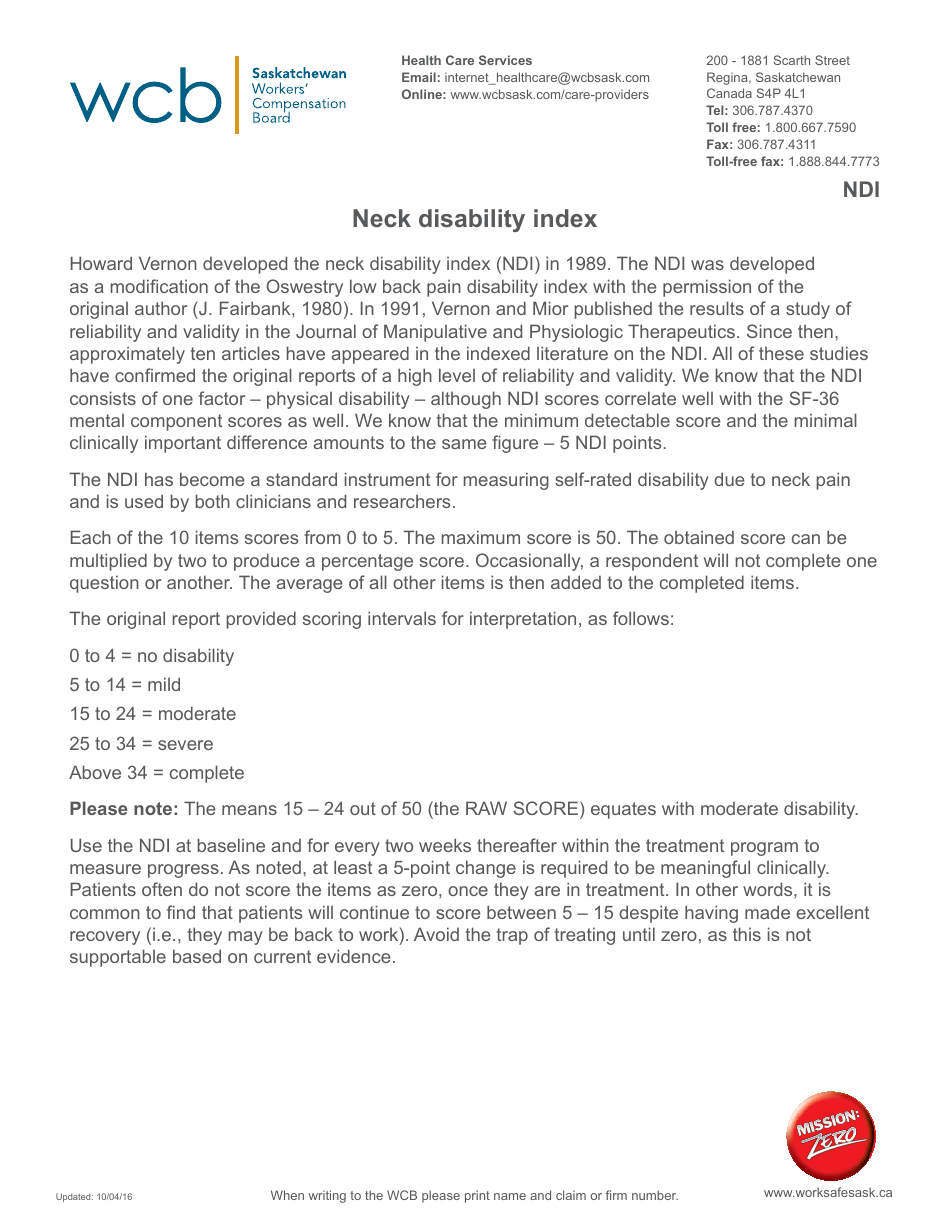 Neck Pain Disability Index (Vernon-Mior) Form - Wcb - Saskatchewan, Canada, Page 1