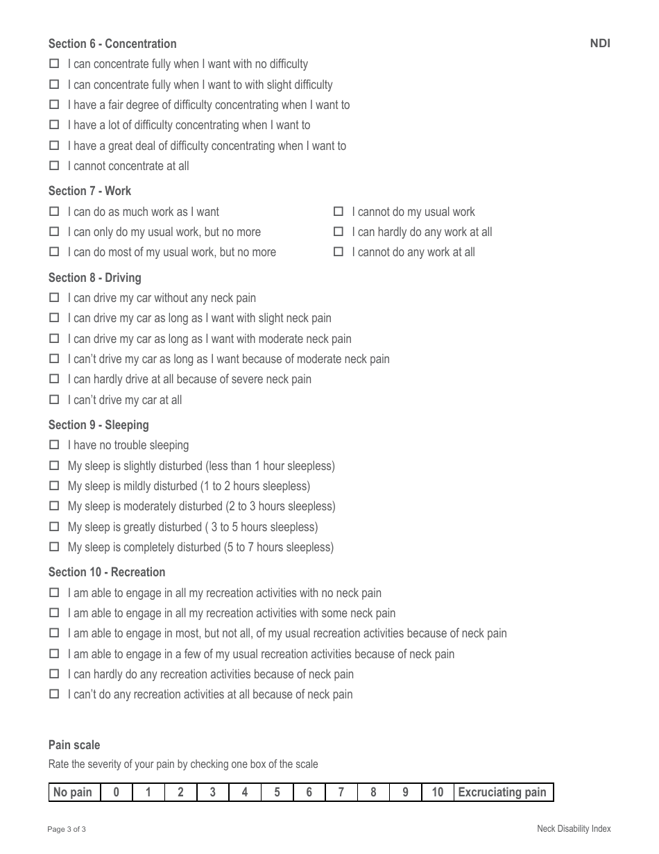 Saskatchewan Canada Neck Pain Disability Index (Vernon-Mior) Form - Wcb ...