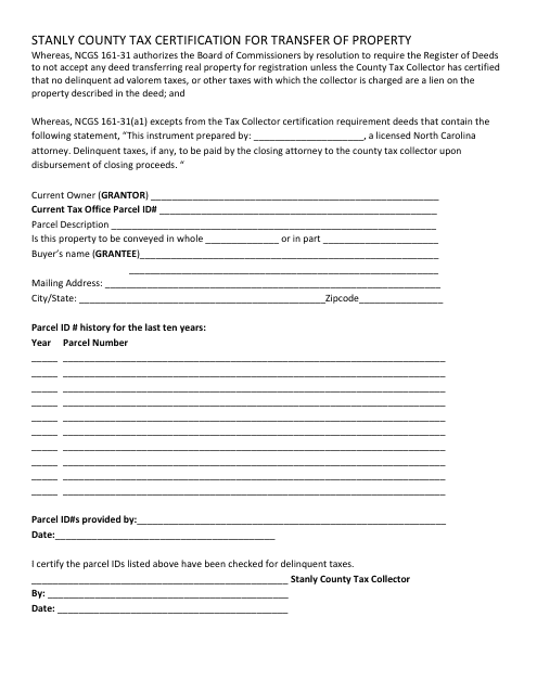Tax Certification for Transfer of Property - Stanly County, North Carolina Download Pdf