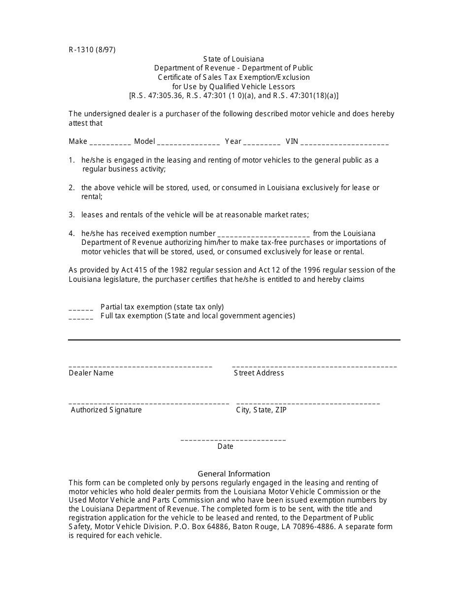 Form R-1310 Certificate of Sales Tax Exemption Exclusion for Use by Qualified Vehicle Lessors - Louisiana, Page 1