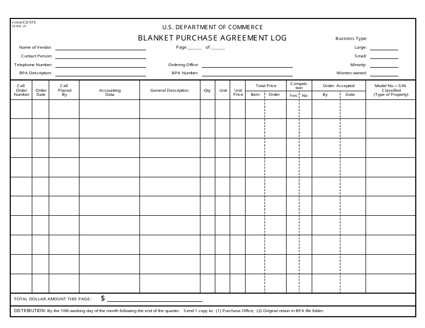 Form CD-515 Blanket Purchase Agreement Log Template