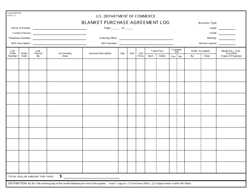 Form CD-515 Blanket Purchase Agreement Log Template, Page 1