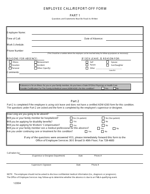 Employee Call / Report-Off Form - Ohio Download Pdf