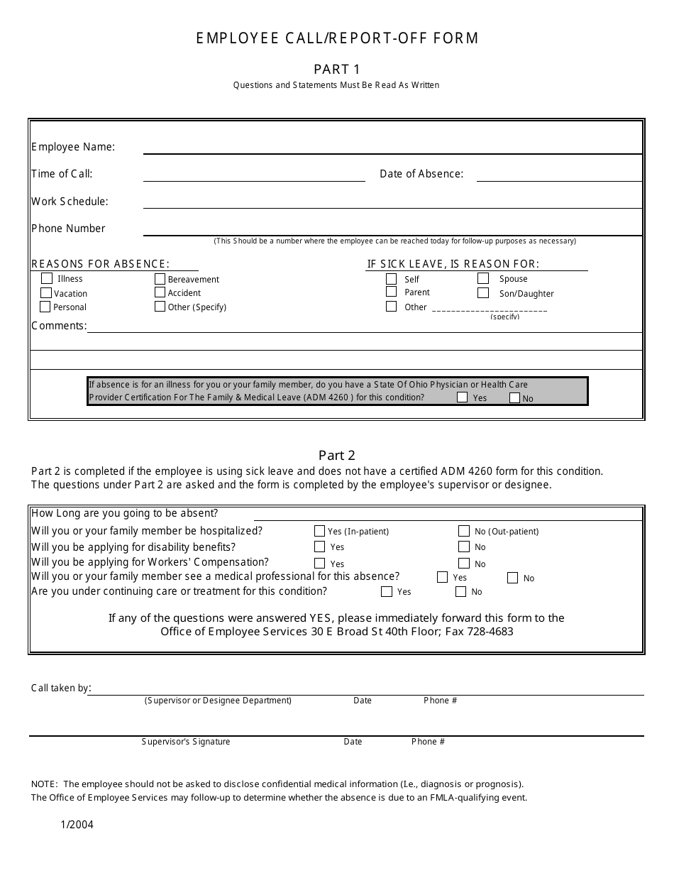 Employee Call / Report-Off Form - Ohio, Page 1