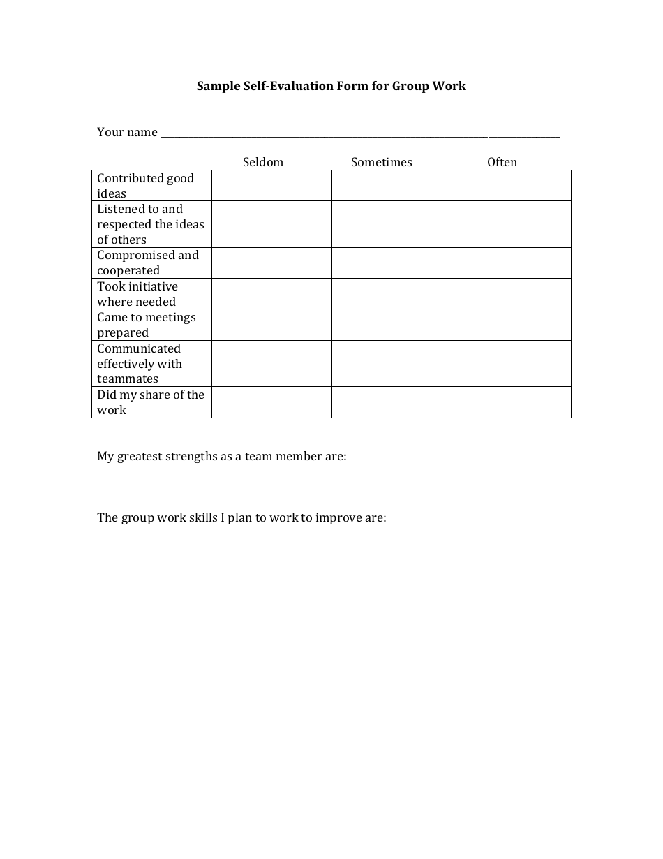 Self Evaluation Form for Group Work, Page 1