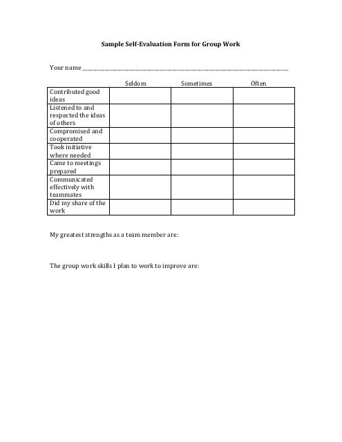 &quot;Self Evaluation Form for Group Work&quot; Download Pdf