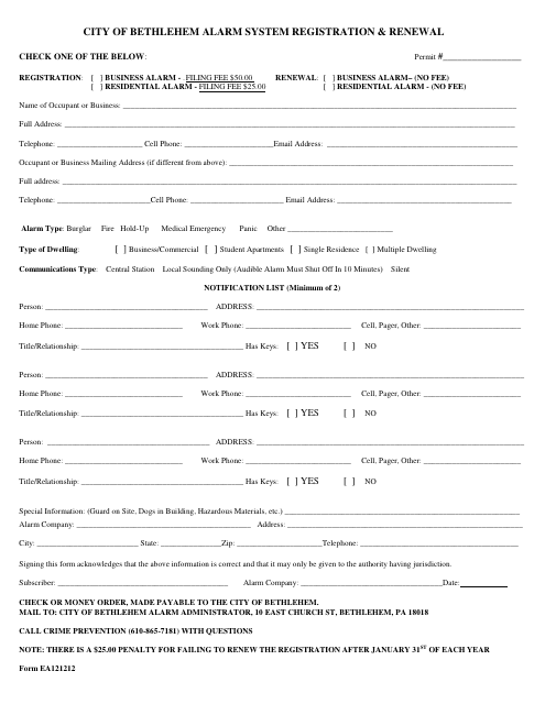Form EA121212 Alarm System Registration & Renewal Form - City of Bethlehem, Pennsylvania