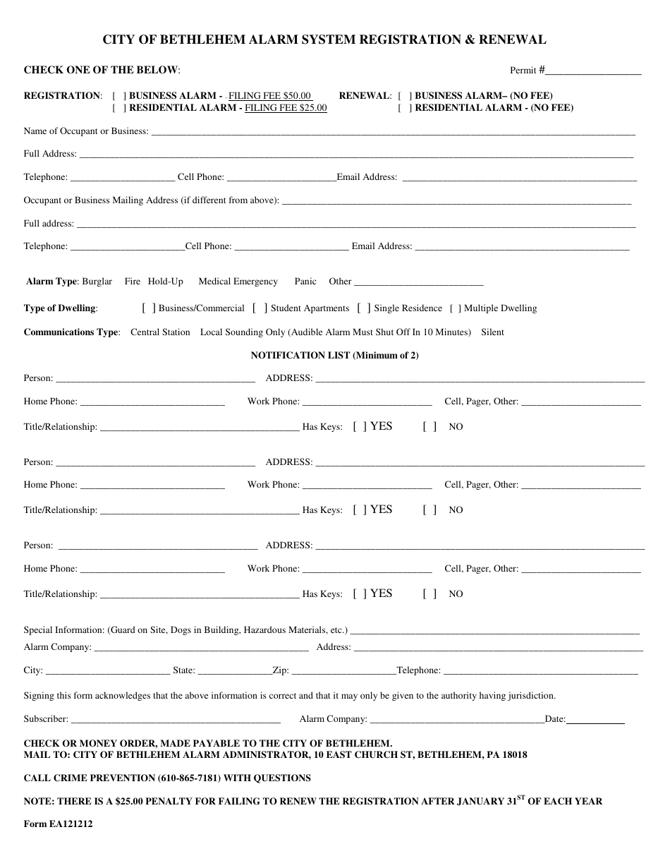 Form EA121212 Alarm System Registration  Renewal Form - City of Bethlehem, Pennsylvania, Page 1