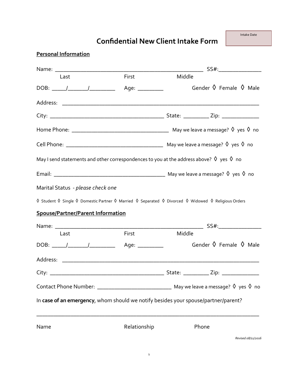 Confidential New Client Intake Form, Page 1