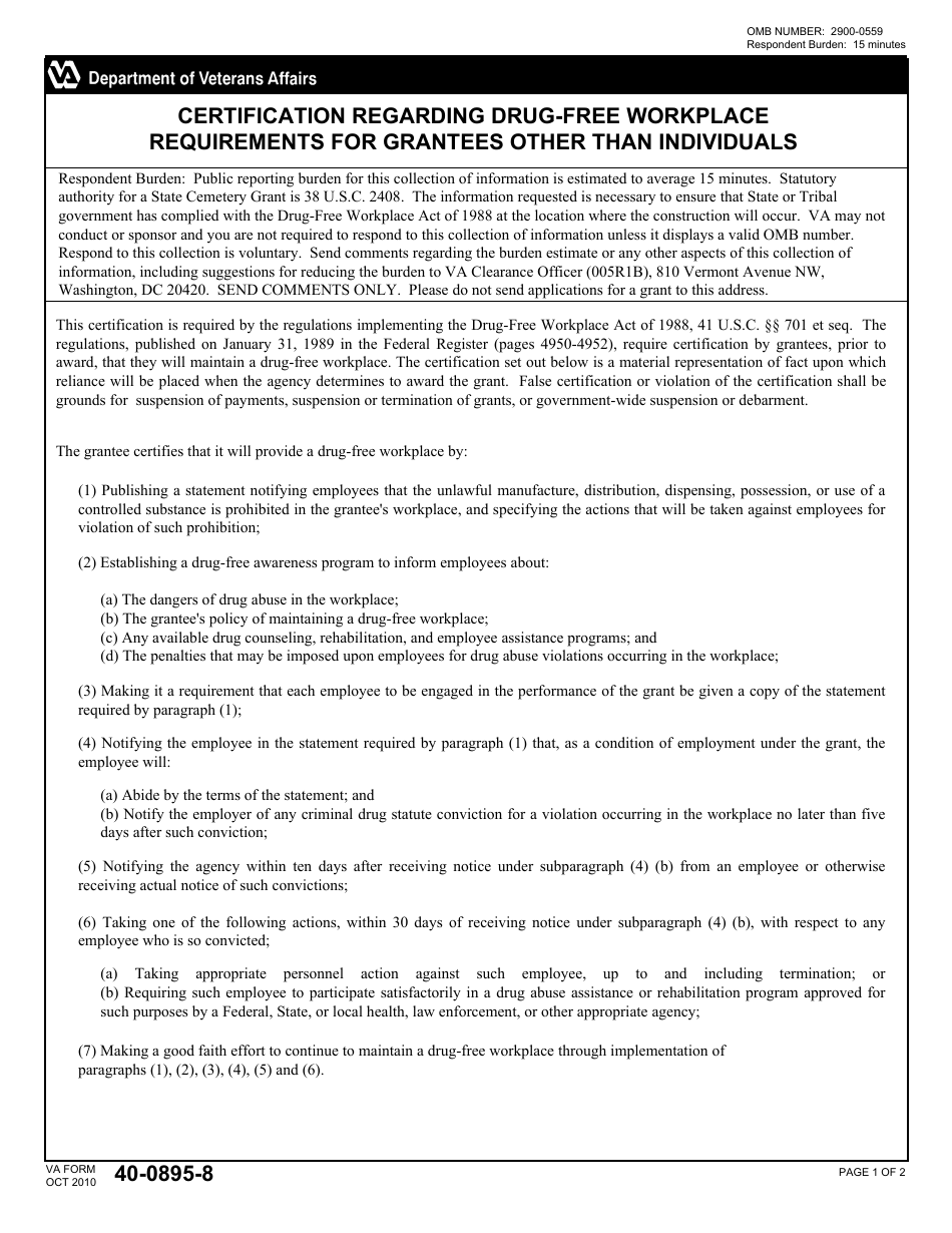VA Form 40-0895-8 Certification Regarding Drug-Free Workplace Requirements for Grantees Other Than Individuals, Page 1