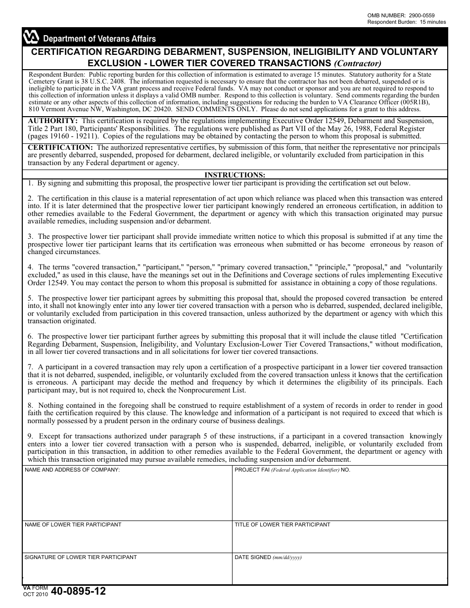 VA Form 40-0895-12 Certification Regarding Debarment, Suspension, Ineligibility and Voluntary Exclusion Lower Tier Covered Transactions, Page 1