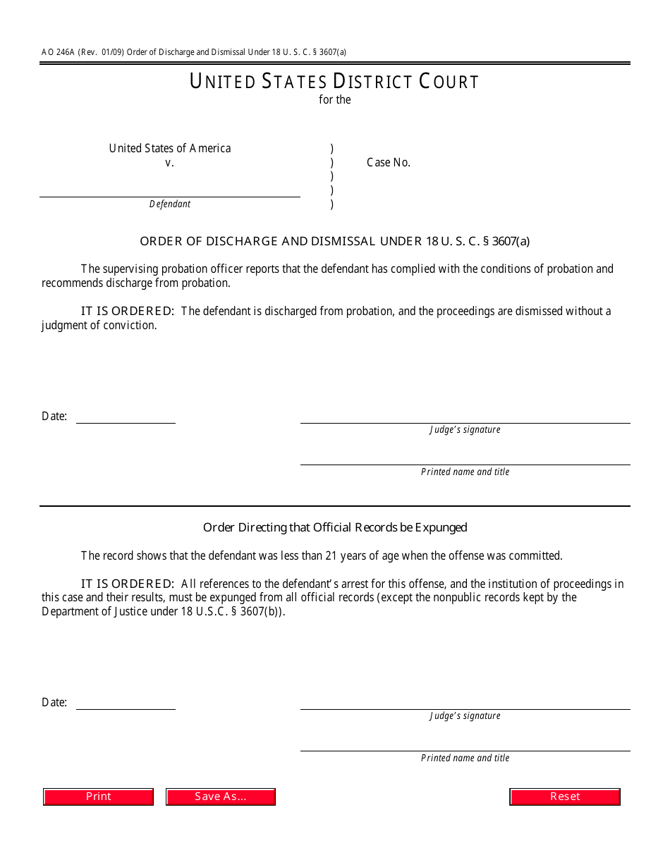 Form AO246A Order of Discharge and Dismissal Under 18 U. S. C. 3607(A), Page 1