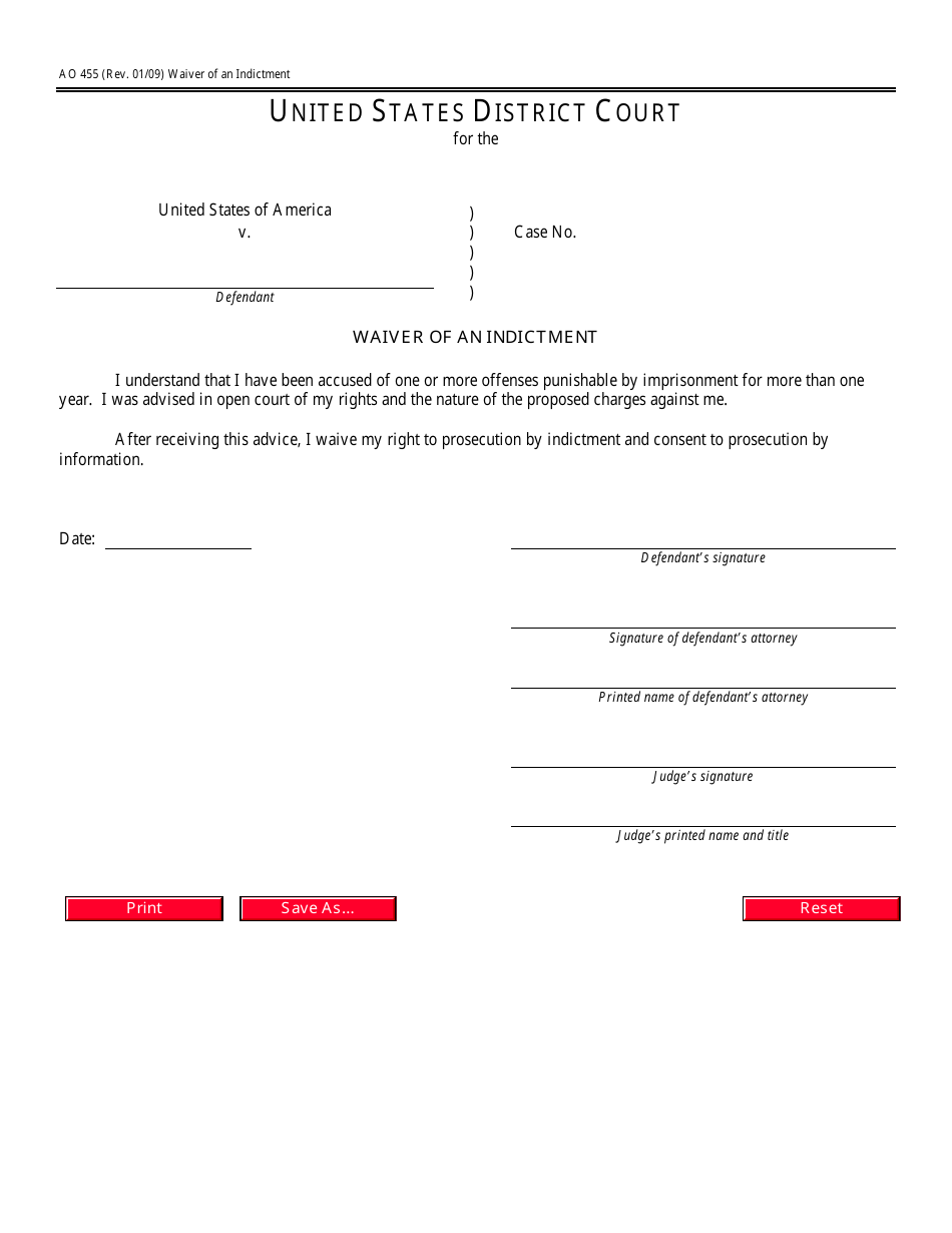Form AO455 Waiver of an Indictment, Page 1