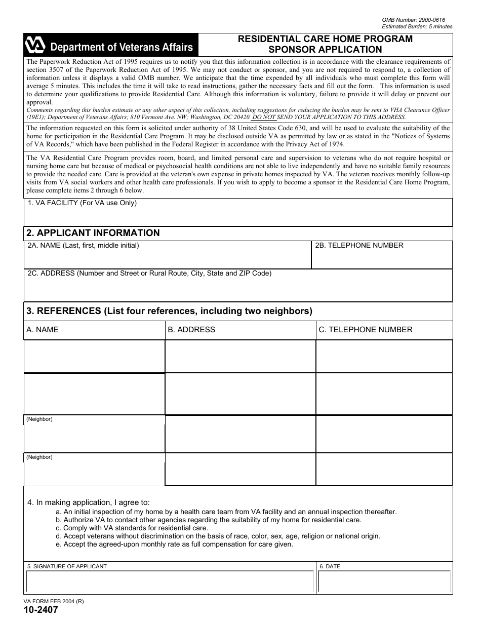 VA Form 10-2407 Residential Care Home Program Sponsor Application, Page 1