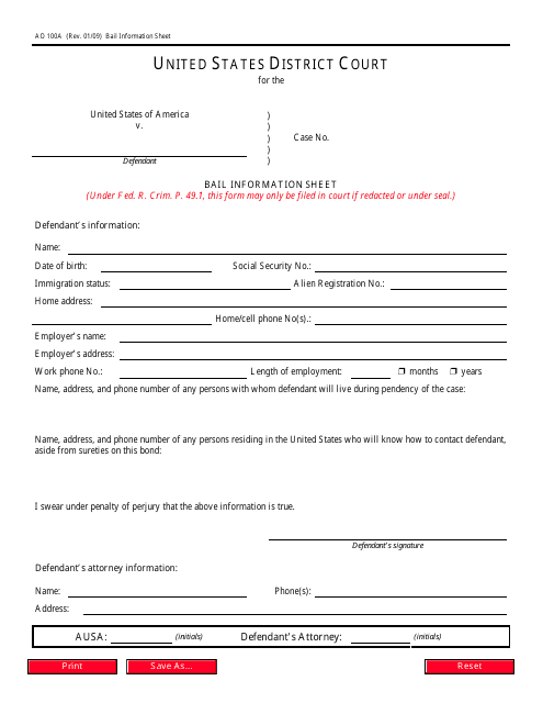 Form AO100A Bail Information Sheet