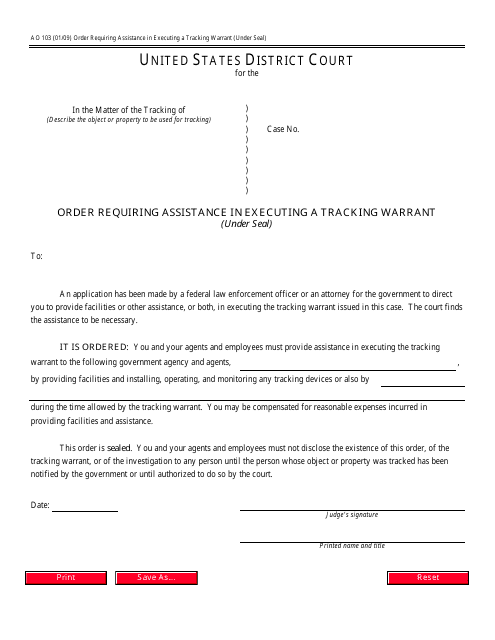 Form AO103 Order Requiring Assistance in Executing a Tracking Warrant (Under Seal)