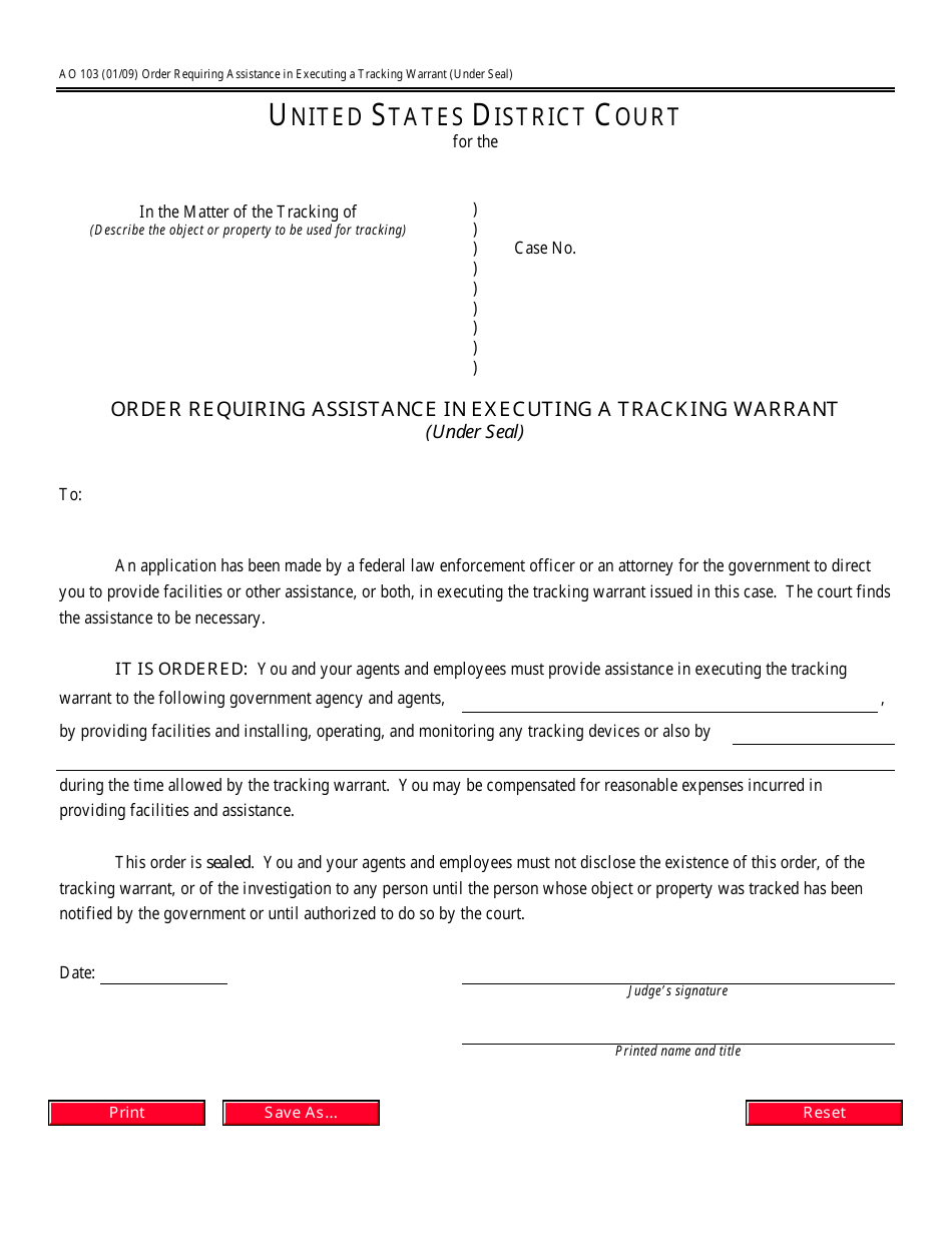 Form AO103 Order Requiring Assistance in Executing a Tracking Warrant (Under Seal), Page 1