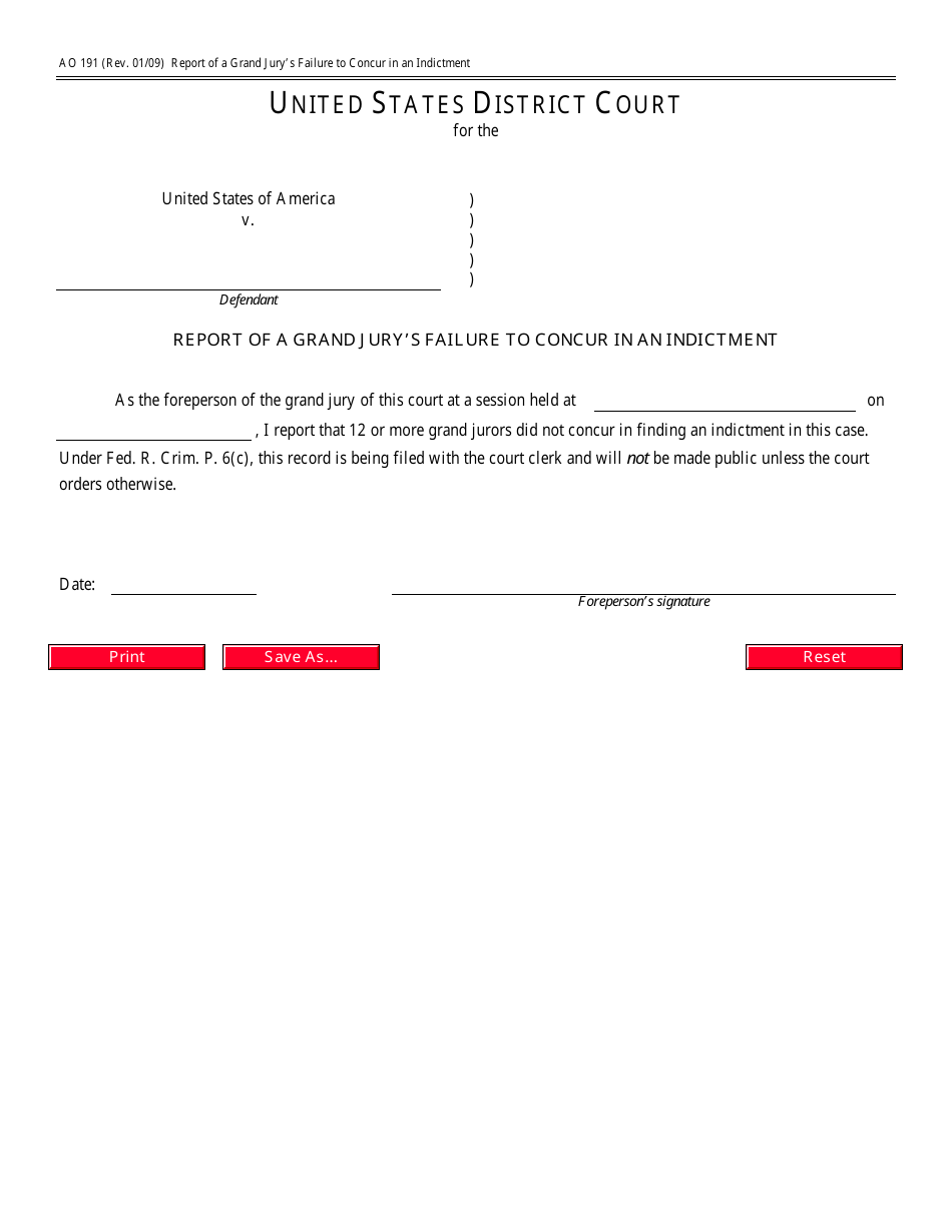 Form AO191 Report of a Grand Jurys Failure to Concur in an Indictment, Page 1