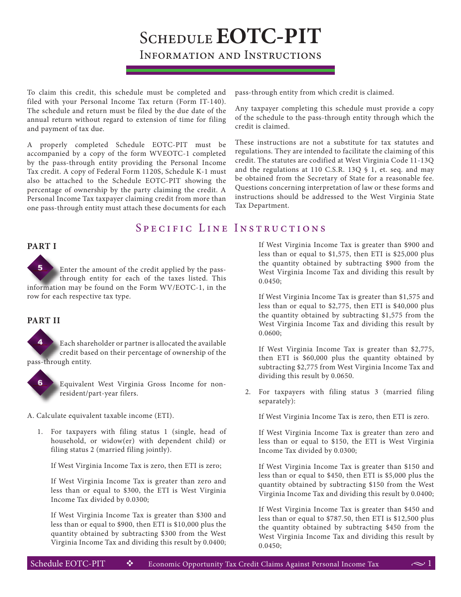 Schedule EOTC-PIT Economic Opportunity Credit Claims Against Personal Income Tax - West Virginia, Page 2