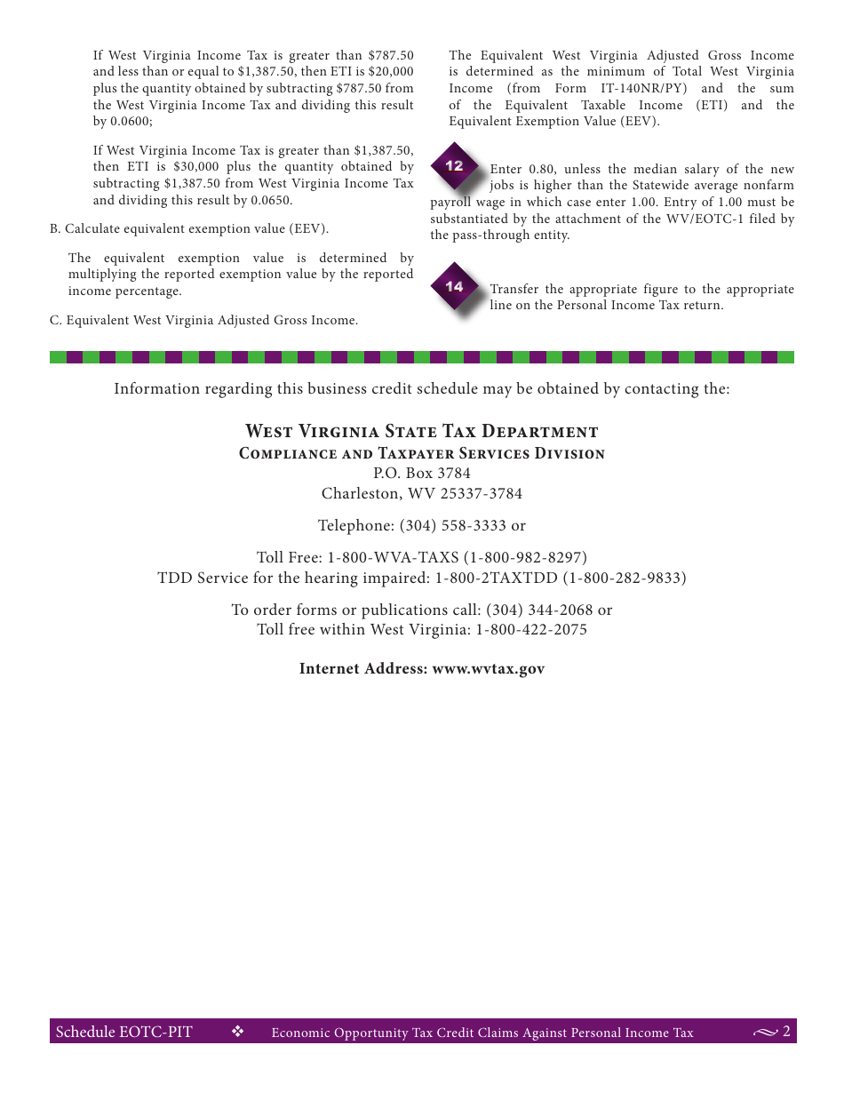 Schedule EOTC-PIT Economic Opportunity Credit Claims Against Personal Income Tax - West Virginia, Page 3