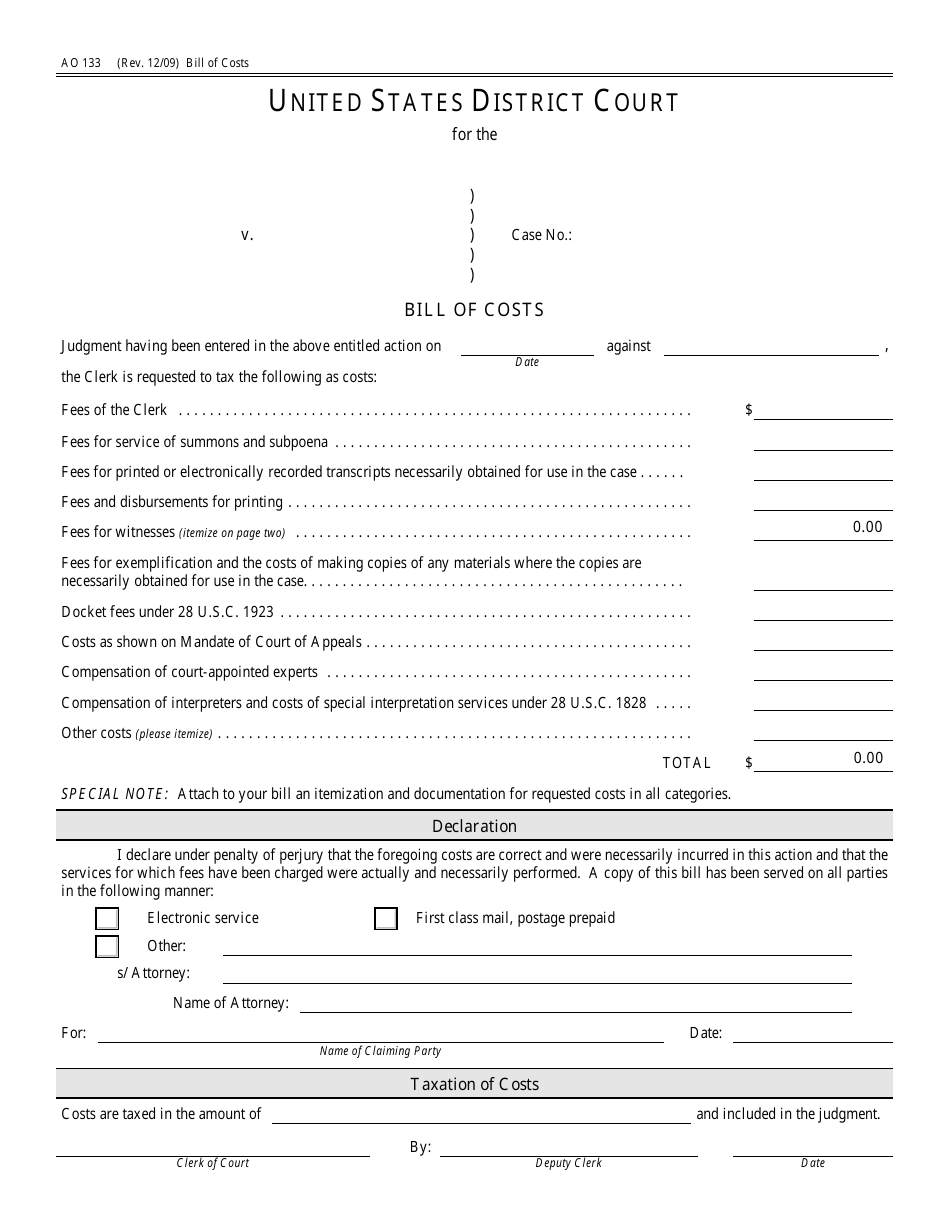 Form AO133 Bill of Costs, Page 1