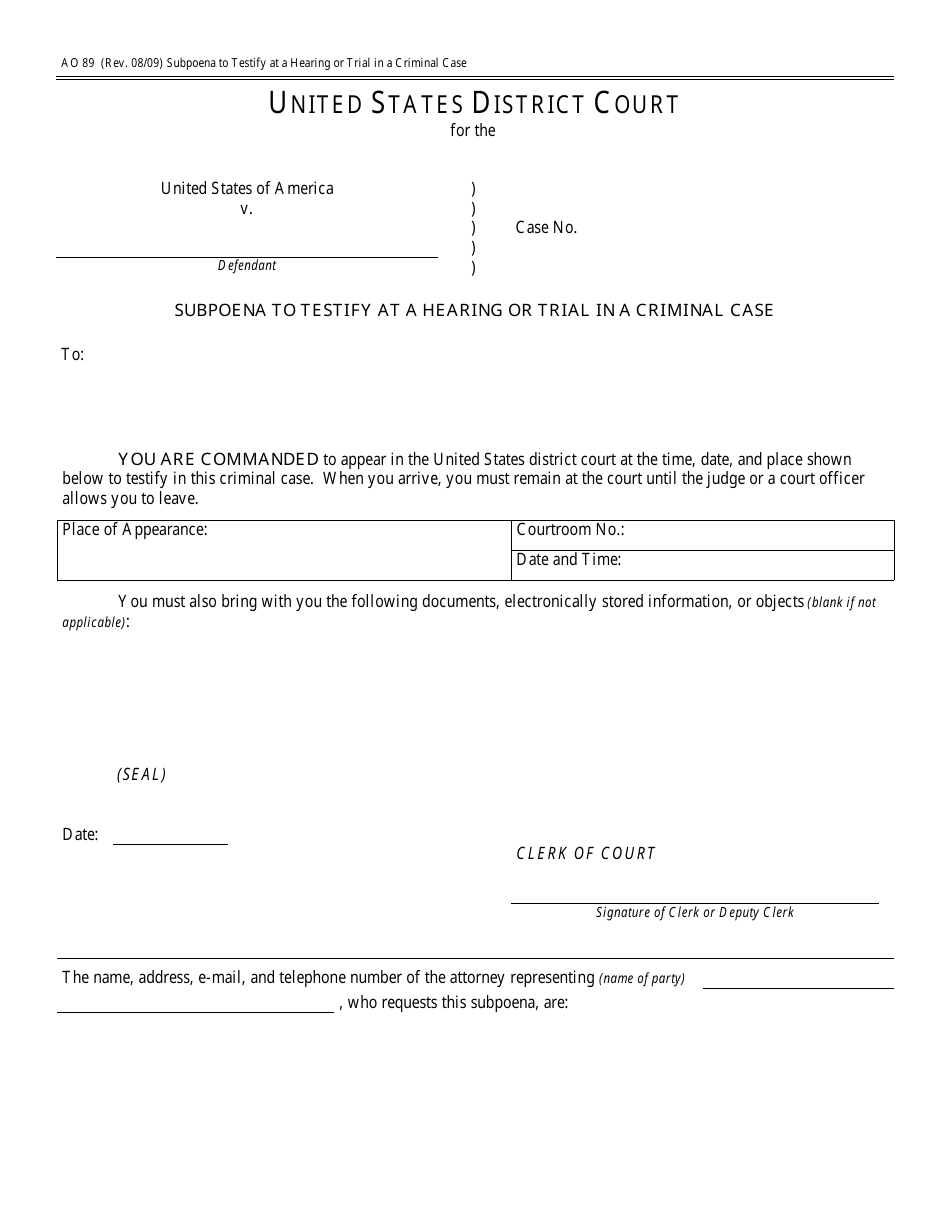 Form AO89 Subpoena to Testify at a Hearing or Trial in a Criminal Case, Page 1