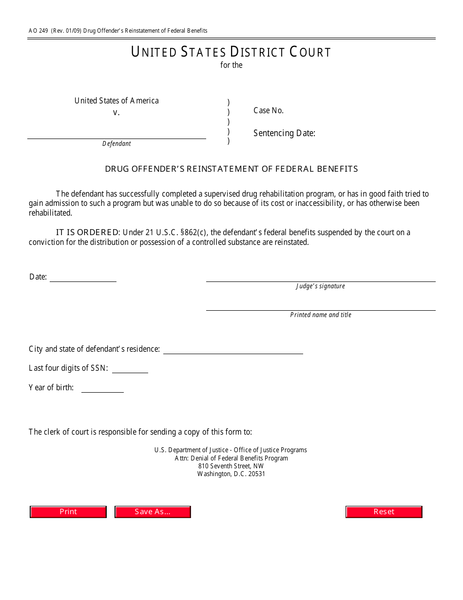 Form AO249 Drug Offenders Reinstatement of Federal Benefits, Page 1