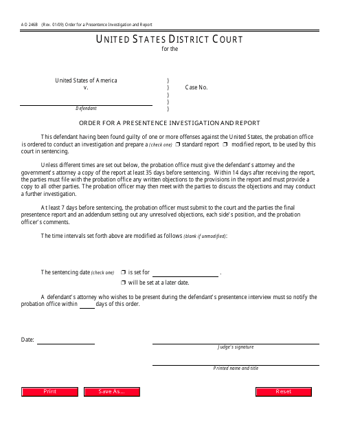 Form AO246B Order for a Presentence Investigation and Report
