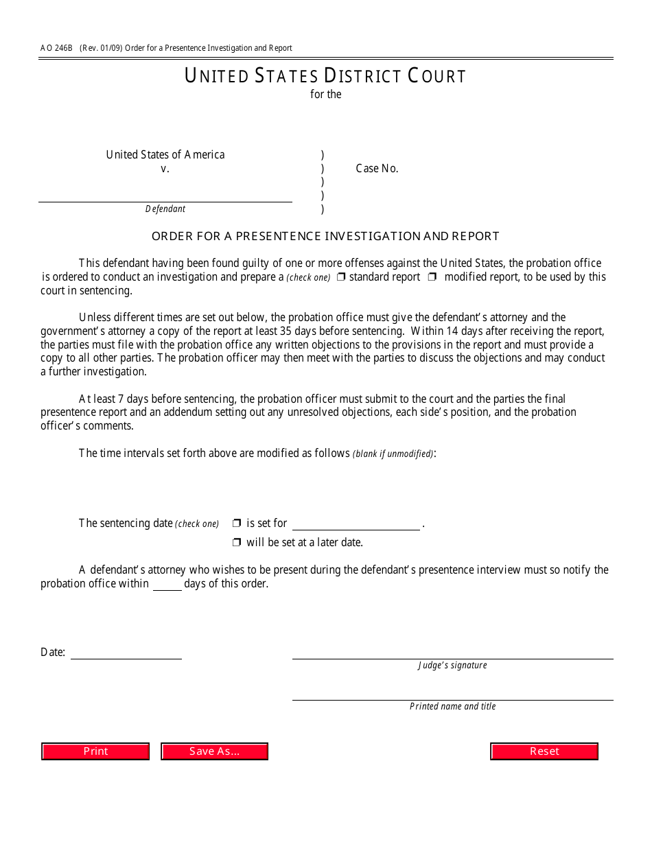 Form AO21B Download Fillable PDF or Fill Online Order for a In Presentence Investigation Report Template