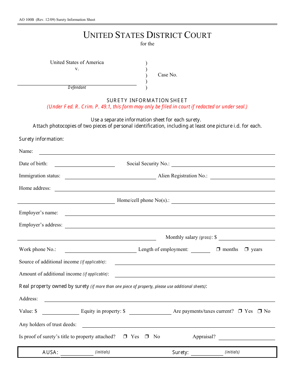 Form AO100B Surety Information Sheet, Page 1