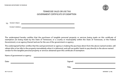 Document preview: Form RV-F1301301 Tennessee Sales or Use Tax Government Certificate of Exemption - Tennessee