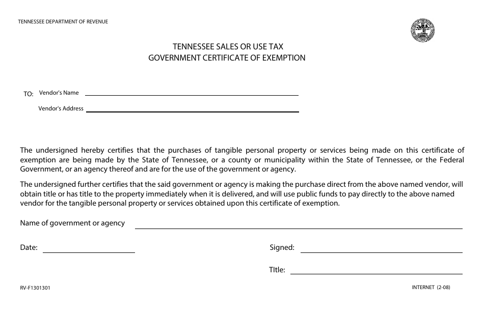 Form RV-F1301301 Tennessee Sales or Use Tax Government Certificate of Exemption - Tennessee, Page 1